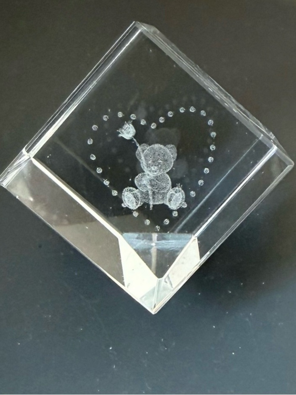 Teddy bear holding rose in heart illusion 3D inside a Crystal glass cube paperw